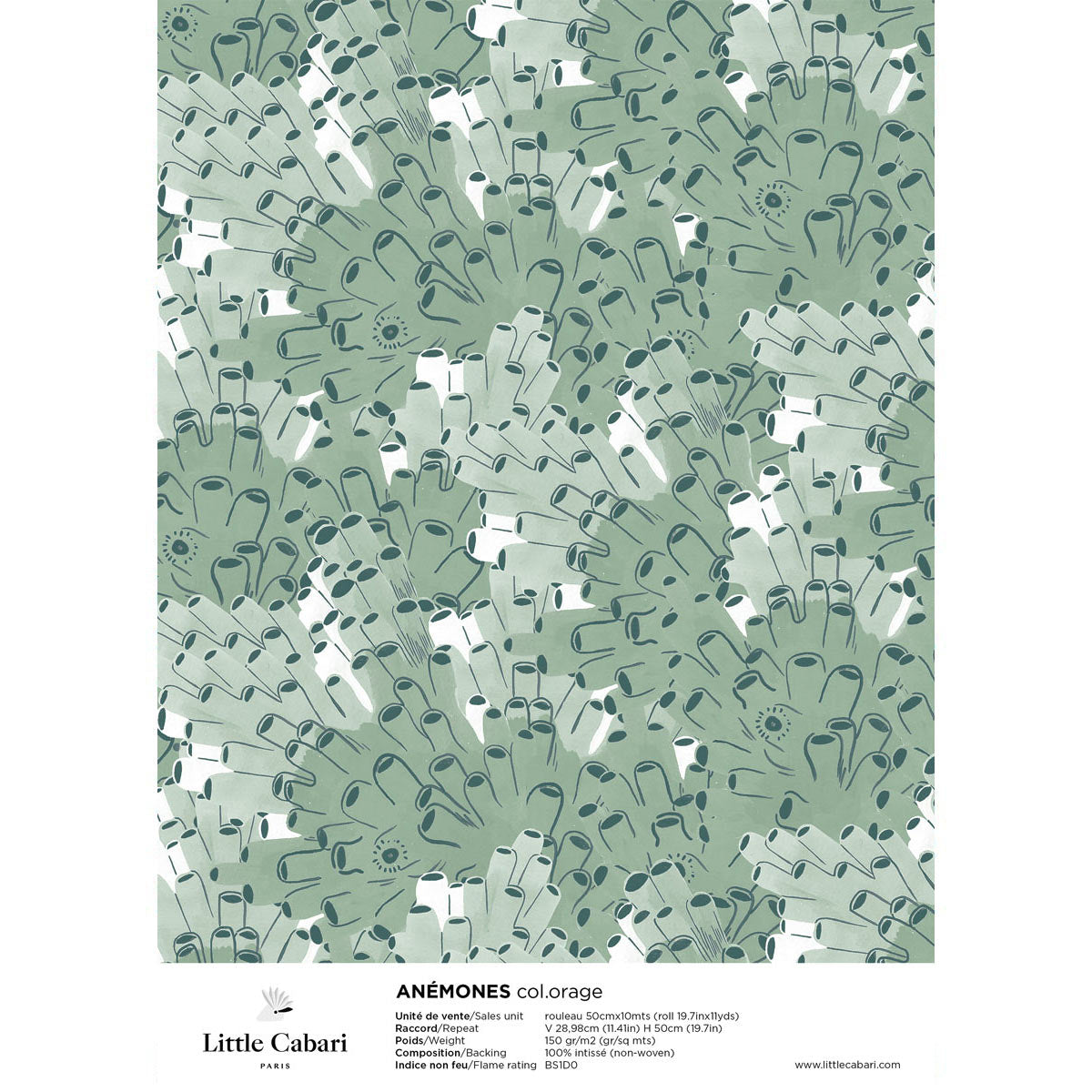 little cabari échantillon papier peint corail couleur vert blanc