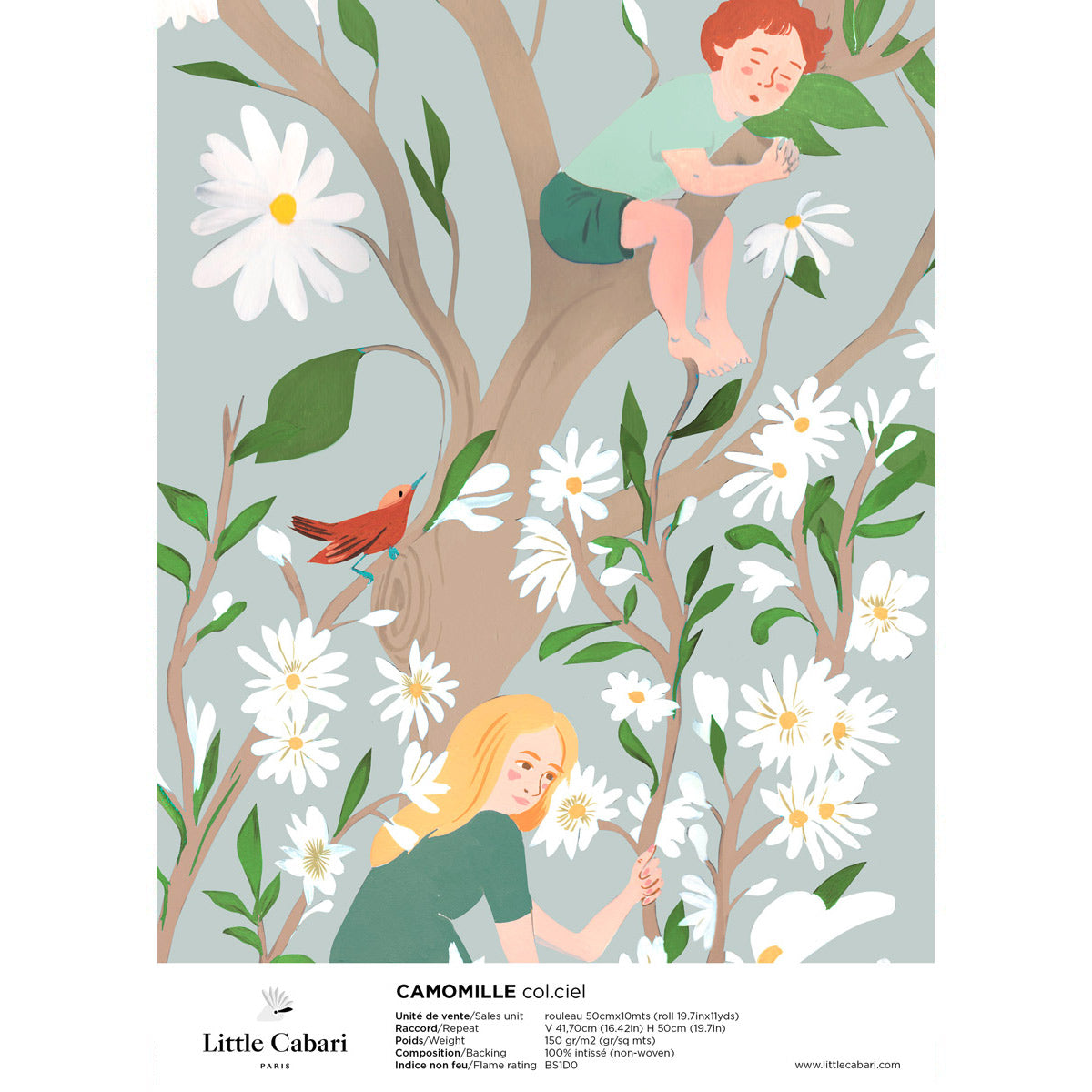 little cabari échantillon papier peint fleur enfant couleur gris vert