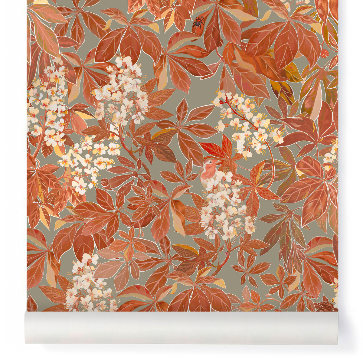 little cabari papier peint fleur oiseau nature couleur orange
