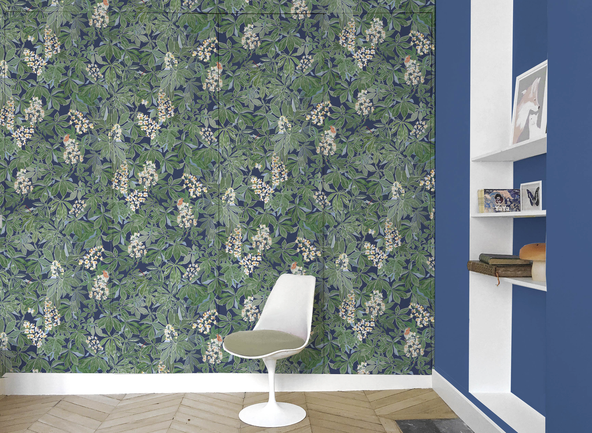 little cabari papier peint fleur oiseau nature couleur bleu vert