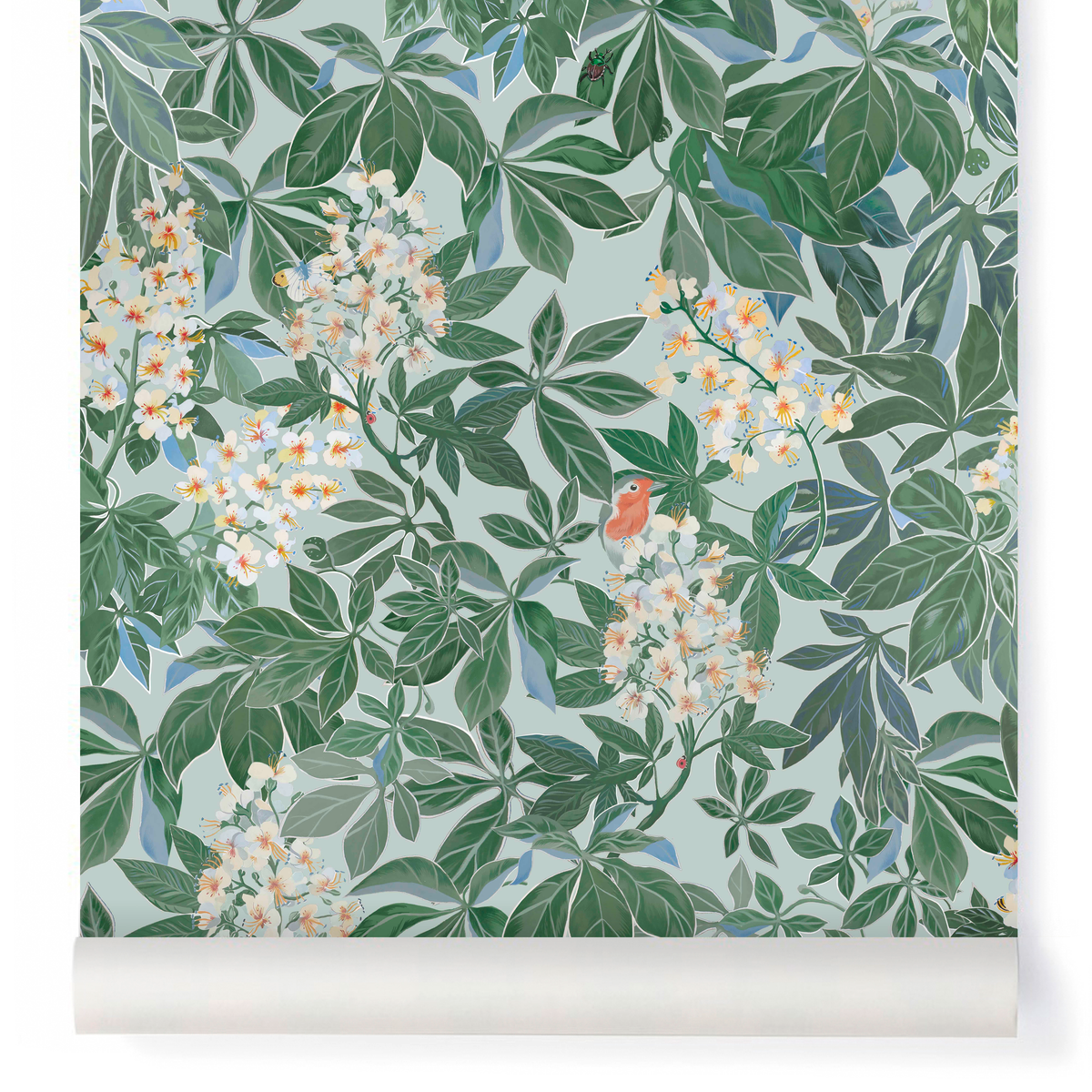 little cabari papier peint fleur oiseau nature couleur bleu vert