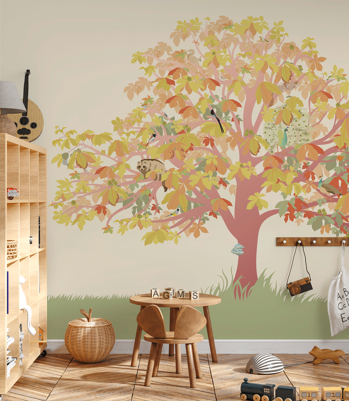 little cabari papier peint panoramique arbre animal couleur rose jaune