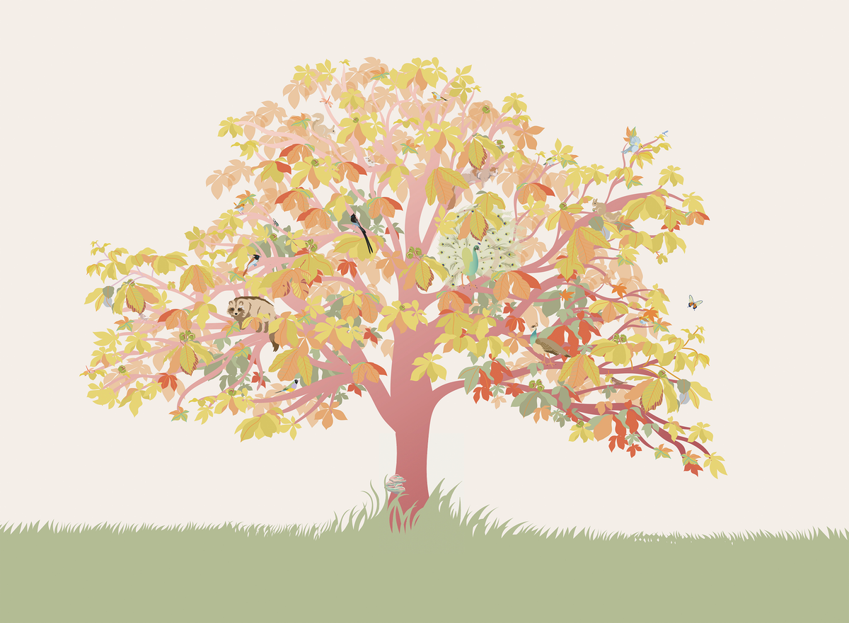 little cabari papier peint panoramique arbre animal couleur rose jaune