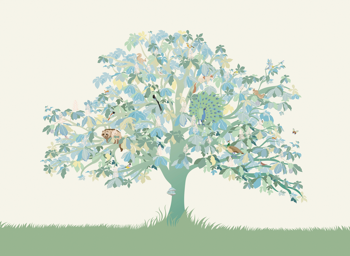 little cabari papier peint panoramique arbre animal couleur bleu vert
