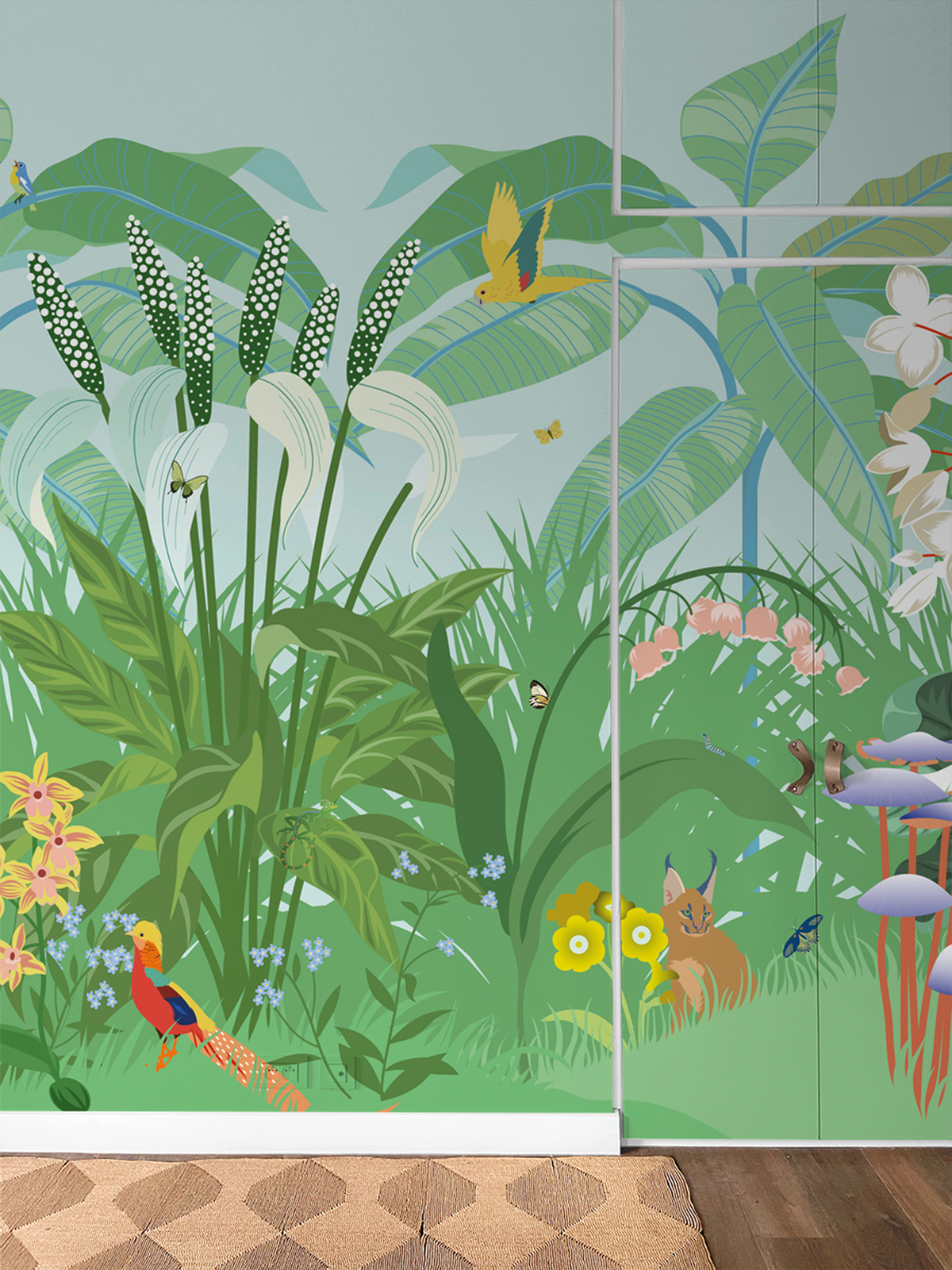 little cabari papier peint panoramique jardin fleur couleur bleu blanc vert