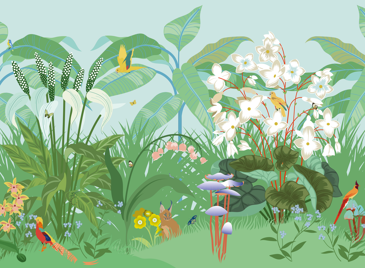 little cabari papier peint panoramique jardin fleur couleur bleu blanc vert