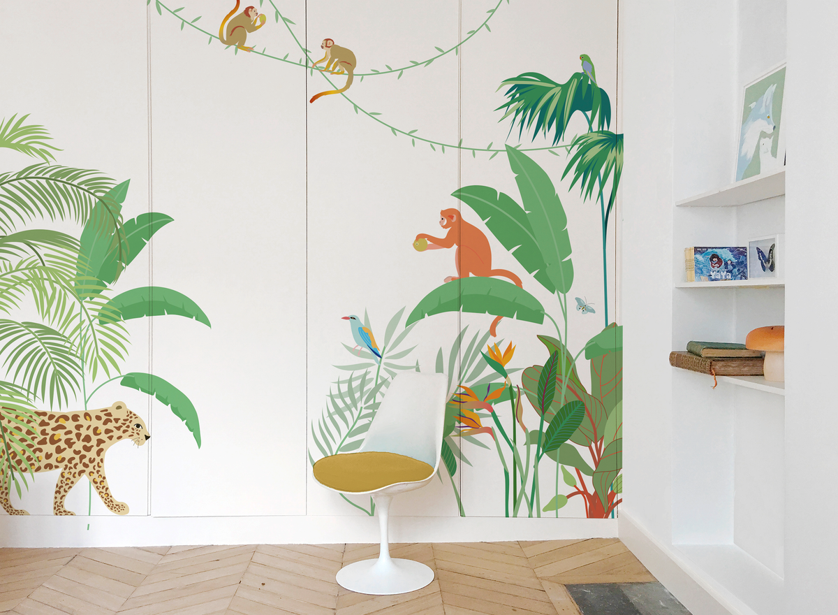 little cabari papier peint panoramique jungle animal couleur vert