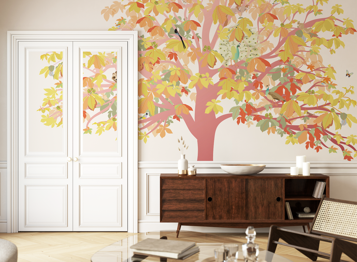 little cabari papier peint panoramique arbre animal couleur rose jaune
