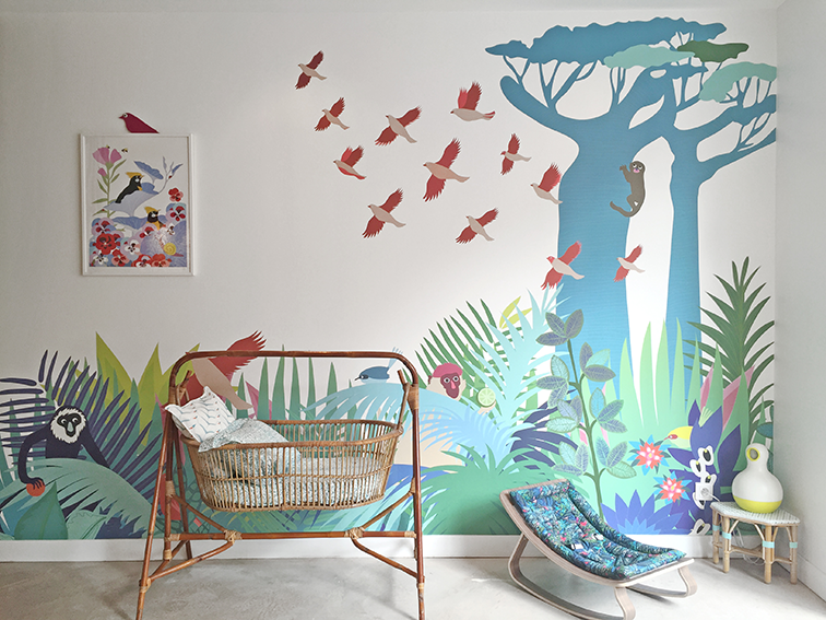 little cabari papier peint panoramique arbre animal couleur multicolore