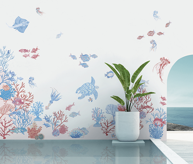 little cabari papier peint panoramique mer poisson couleur rose bleu