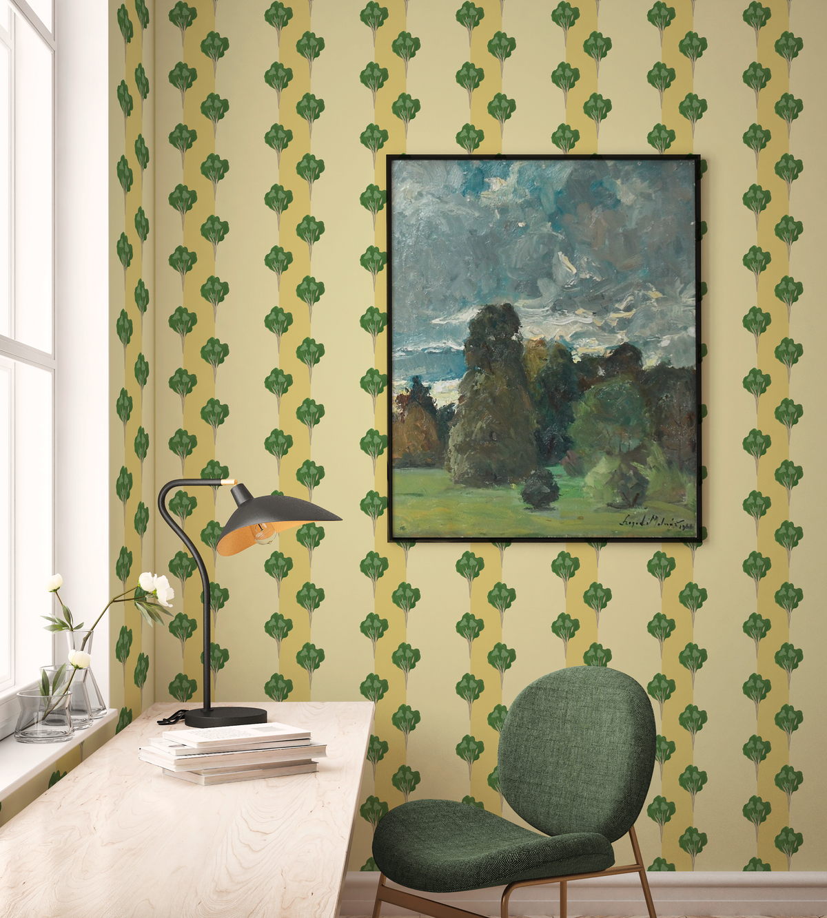little cabari papier peint arbre couleur vert jaune
