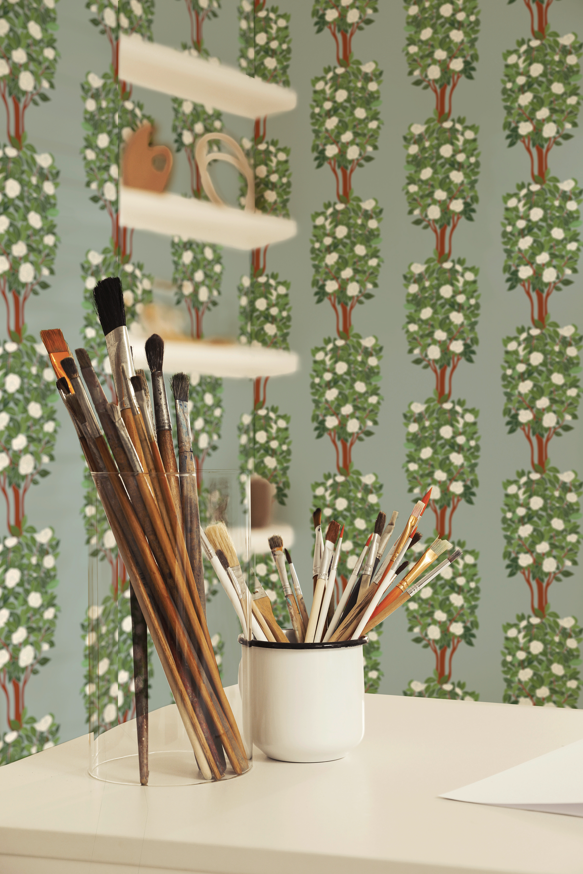 little cabari papier peint arbre fleur couleur vert bleu gris blanc