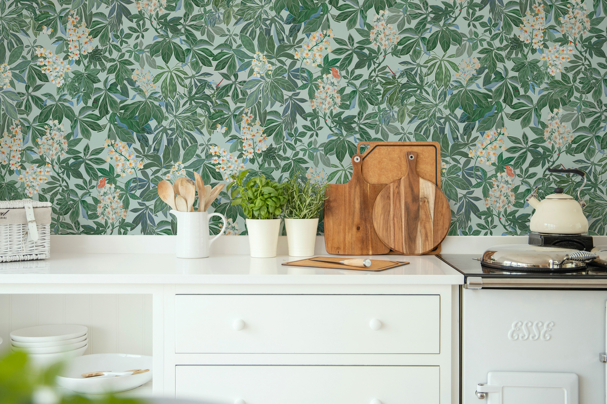 little cabari papier peint fleur oiseau nature couleur bleu vert