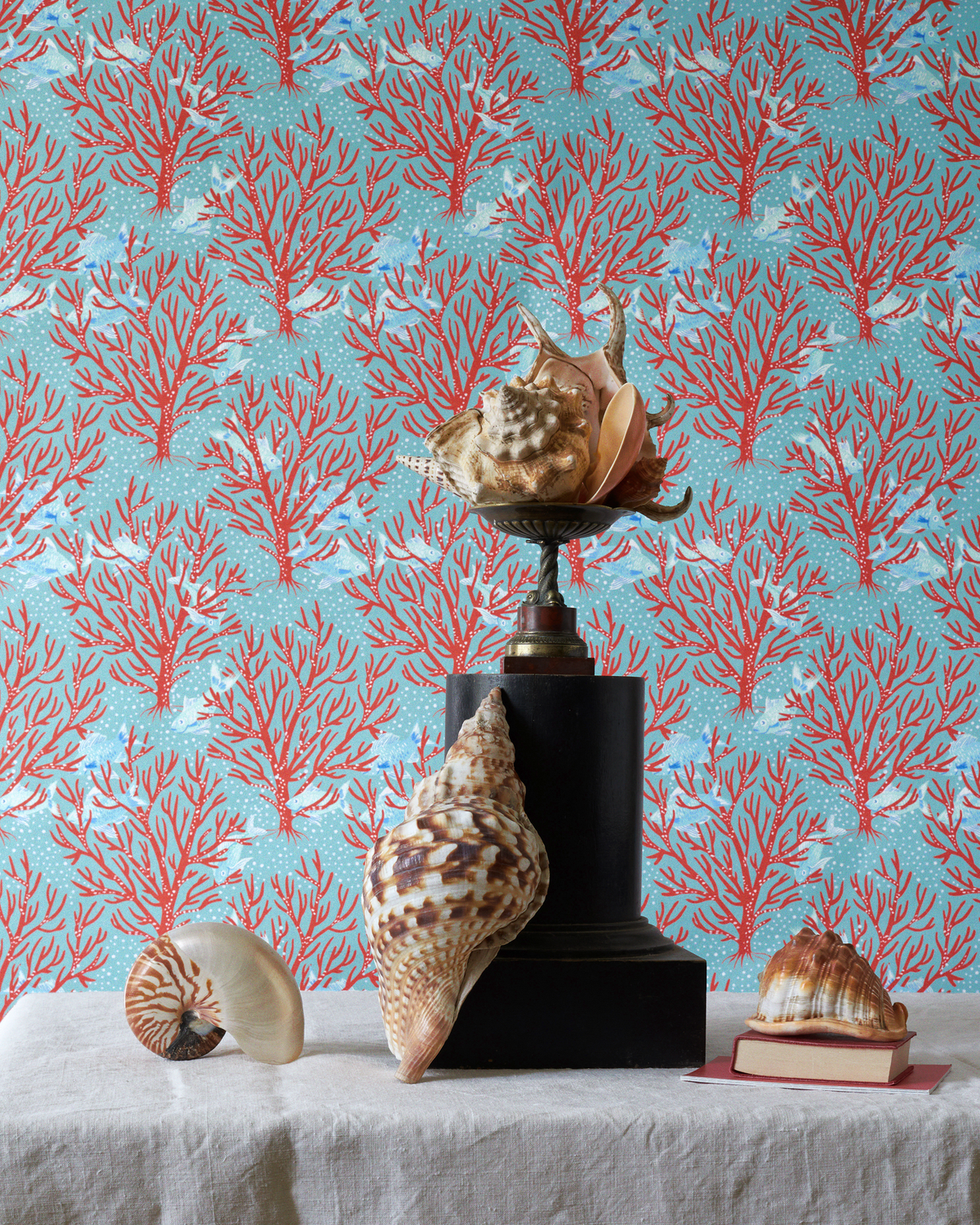 little cabari papier peint corail mer poisson couleur rouge bleu