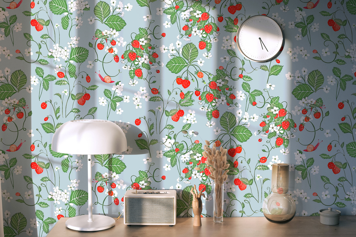 papier-peint strawberry ciel fraise feuille fleurs