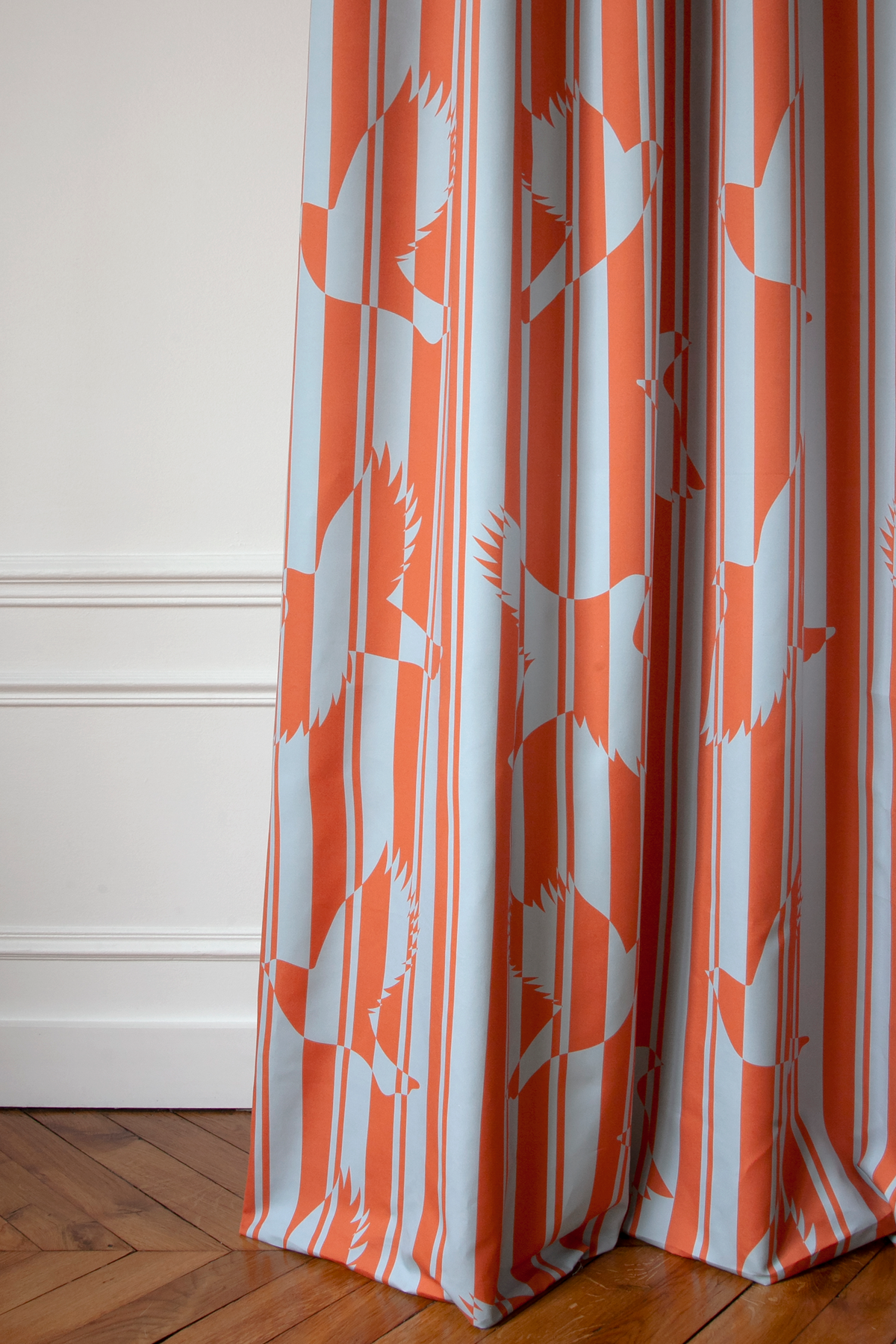 Little cabari tissu d'ameublement rideau oiseau trait couleur orange bleu gris