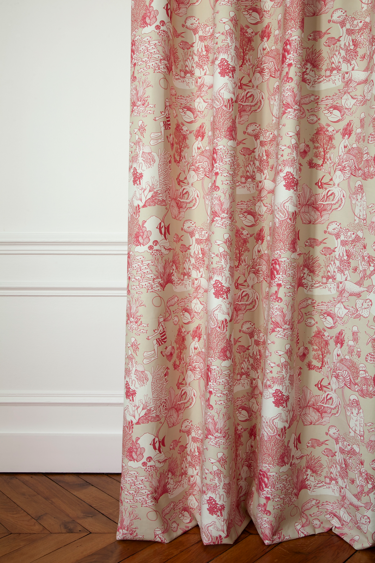 Little Cabari tissu ameublement rideau toile de jouy mer couleur beige rose