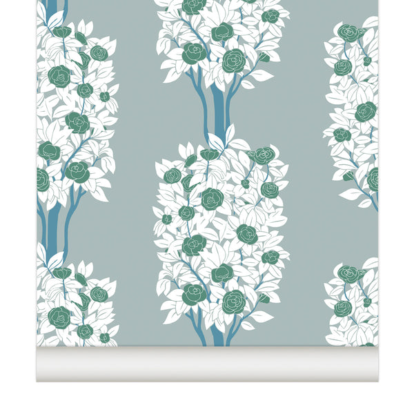 little cabari papier peint camelias fleurs bleu arbre collection 2024 