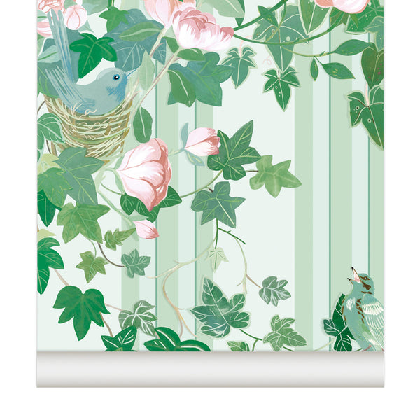 little cabari papier peint primavera oiseaux fleurs rose