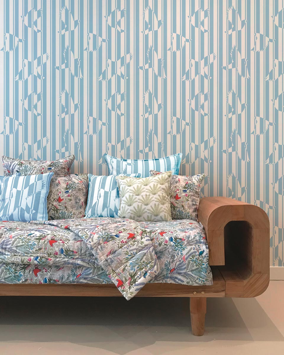 little cabari papier peint oiseau rayure trait couleur bleu