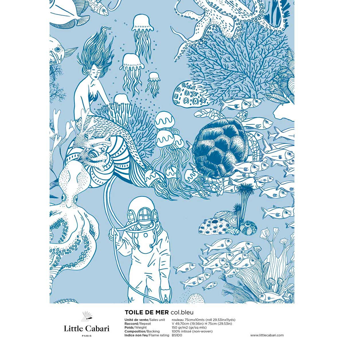 little cabari papier peint toile de mer blue bleu