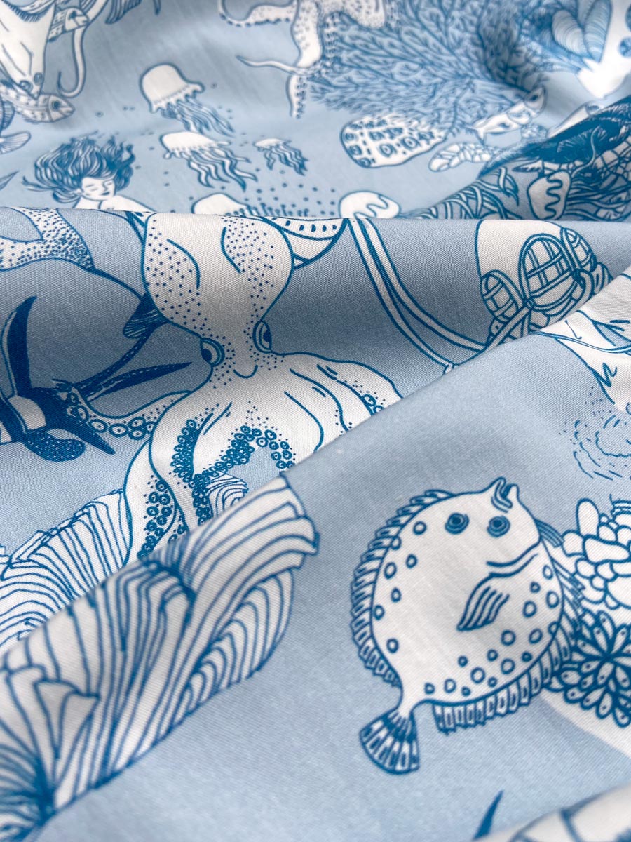 little cabari coupon de tissu mer poissons couleur bleu