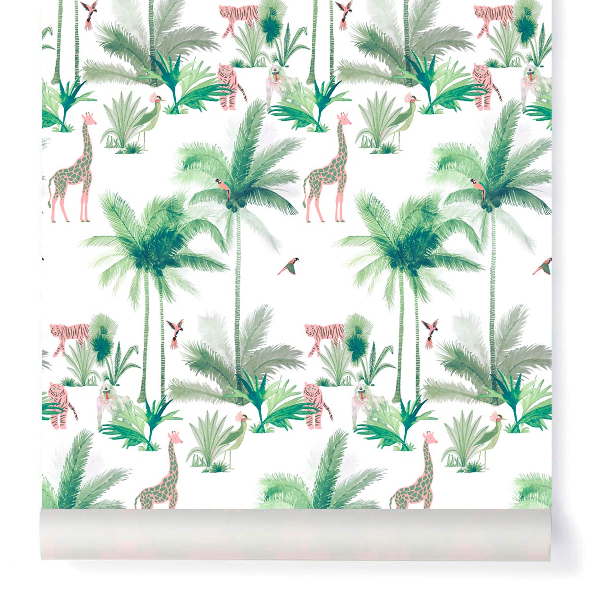 little cabari papier peint palmier animal couleur vert rose