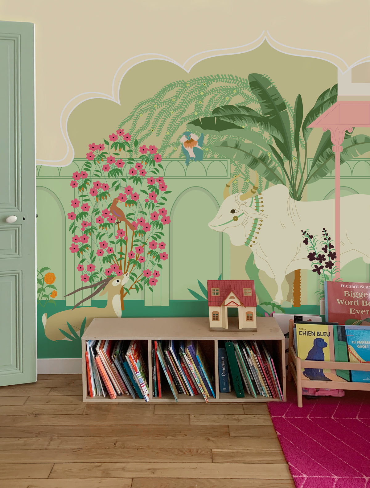 little cabari papier peint panoramique plante animal couleur beige vert 