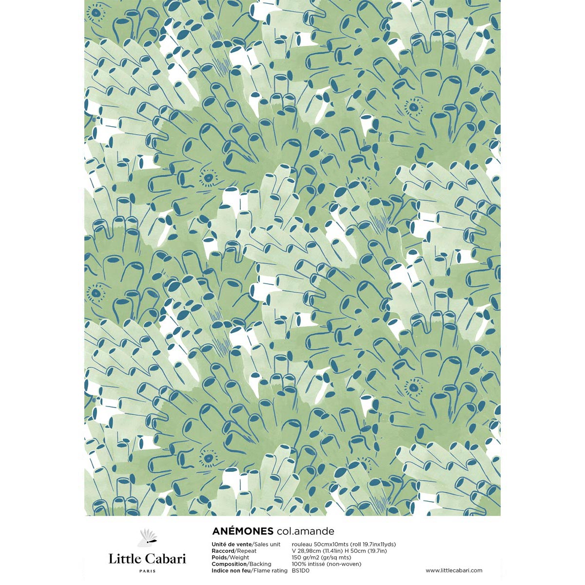 little cabari échantillon papier peint corail couleur vert bleu 