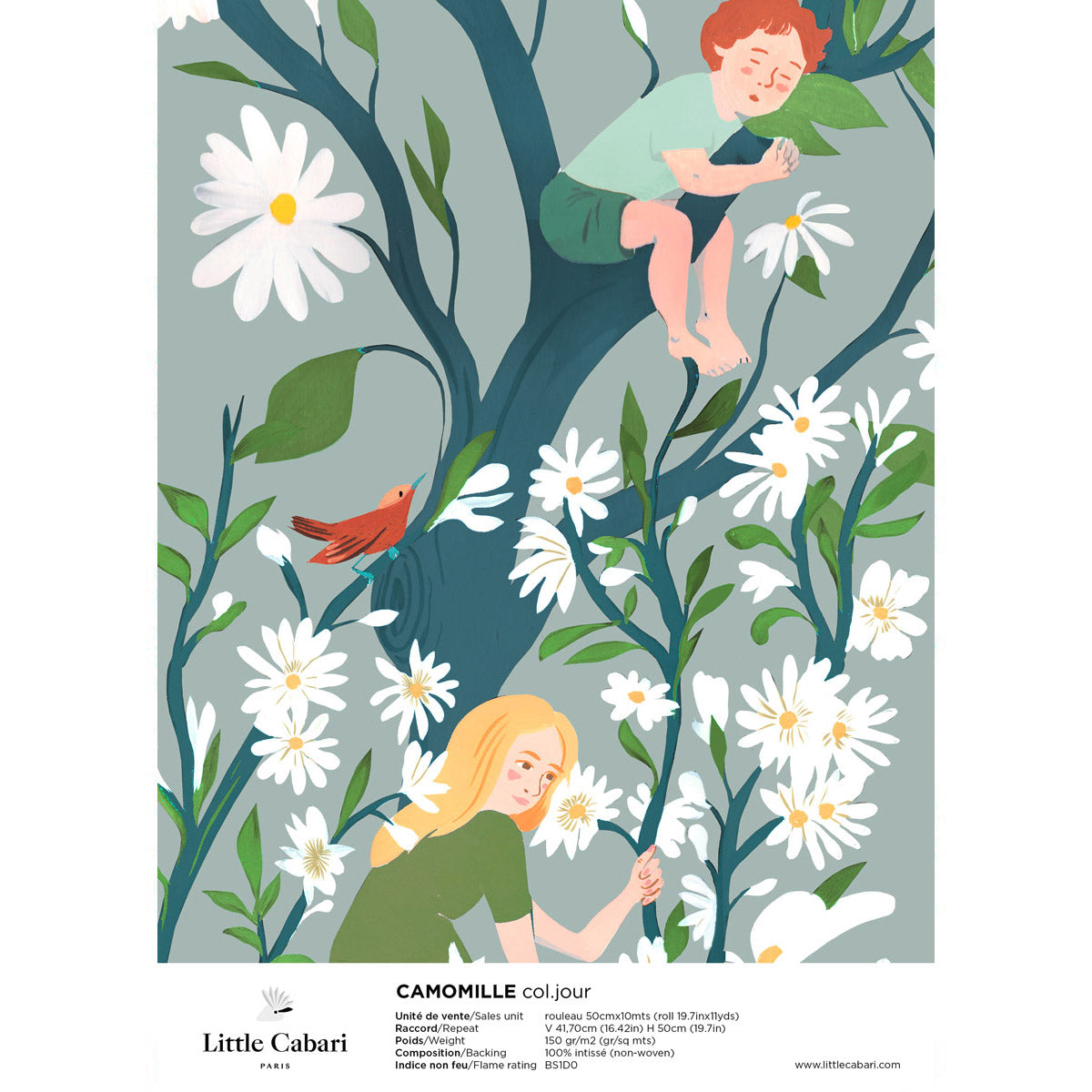 little cabari échantillon papier peint fleur enfant couleur bleu vert