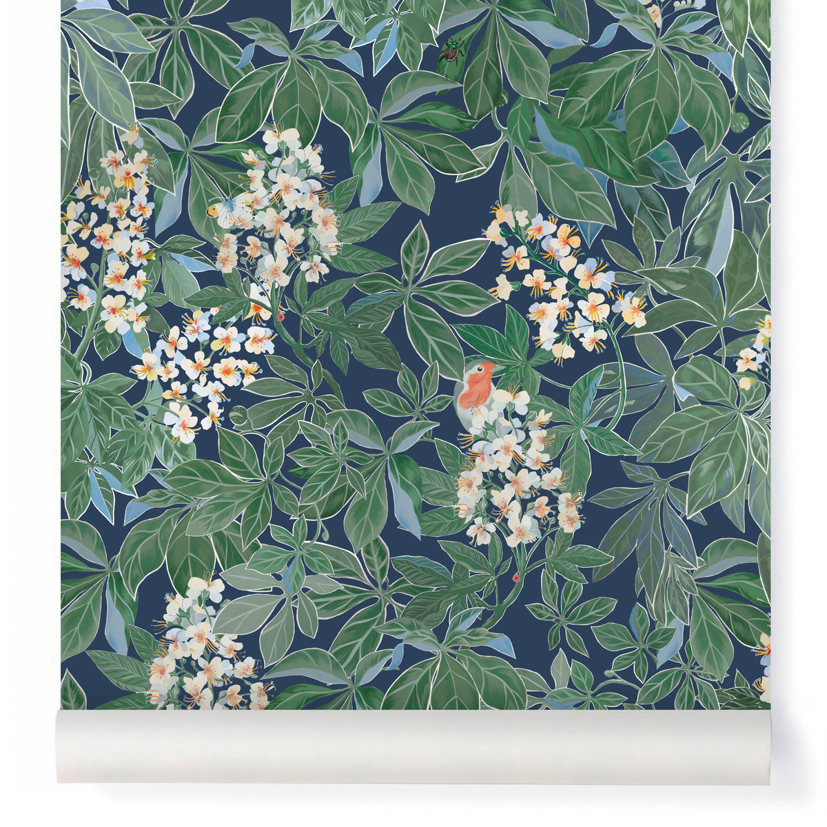little cabari papier peint fleur oiseau nature couleur bleu vert