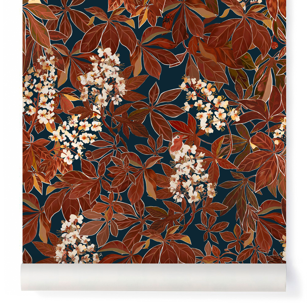 little cabari papier peint fleur oiseau nature couleur bleu nuit rouge