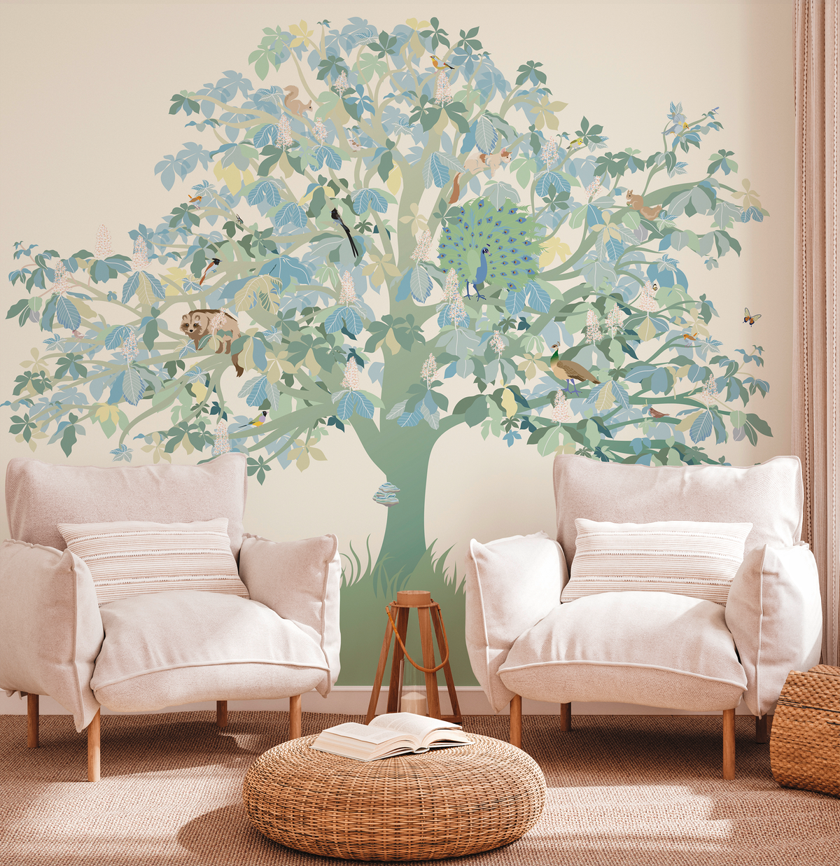 little cabari papier peint panoramique arbre animal couleur bleu vert