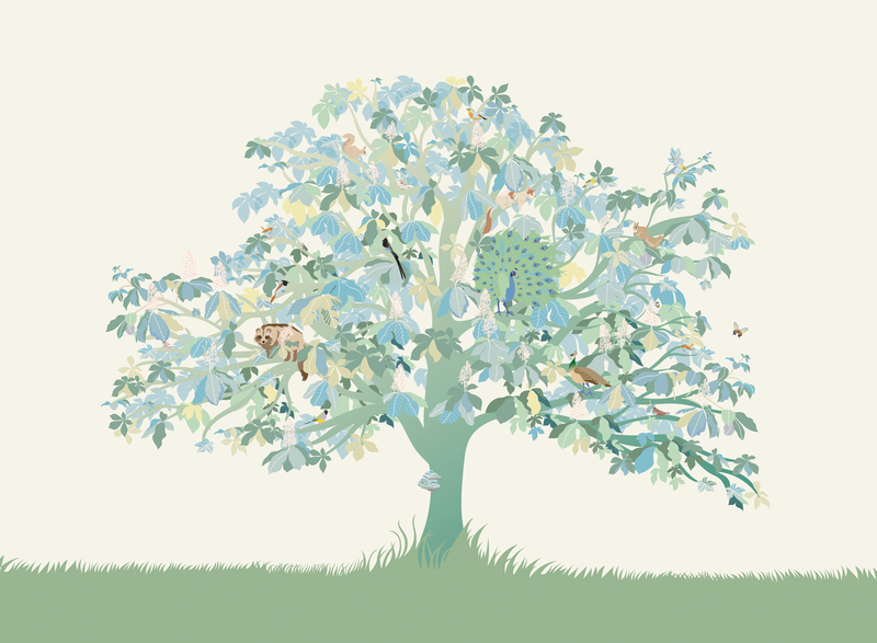 little cabari papier peint panoramique arbre animal couleur bleu vert