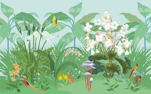 little cabari papier peint panoramique jardin fleur couleur bleu blanc vert