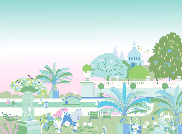 little cabari papier peint panoramique jardin plante couleur vert bleu rose