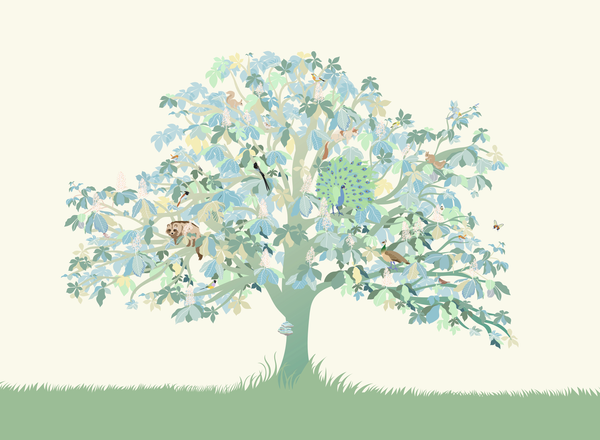 little cabari papier peint panoramique arbre animal couleur bleu vert