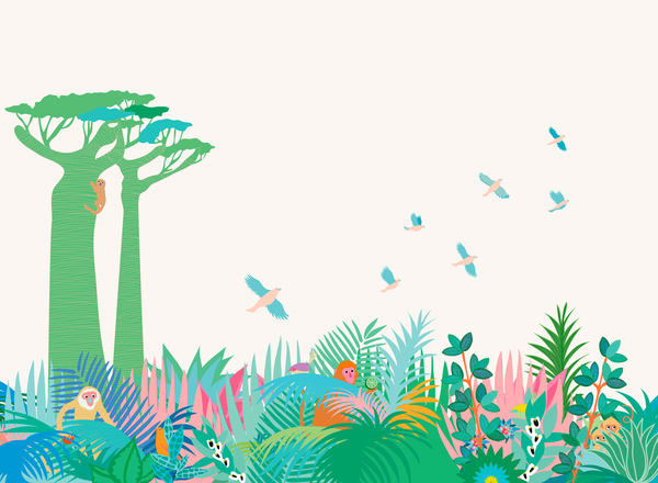 little cabari papier peint panoramique arbre animal couleur multicolore