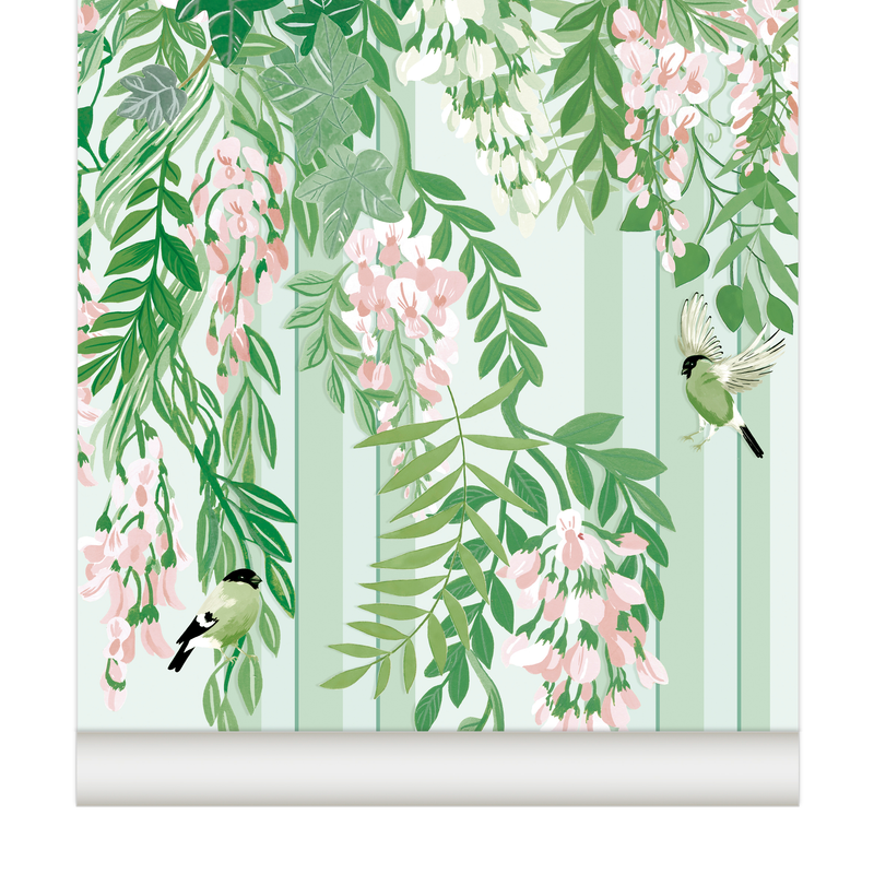 little cabari papier peint panoramique feuille trait fleur couleur vert rose