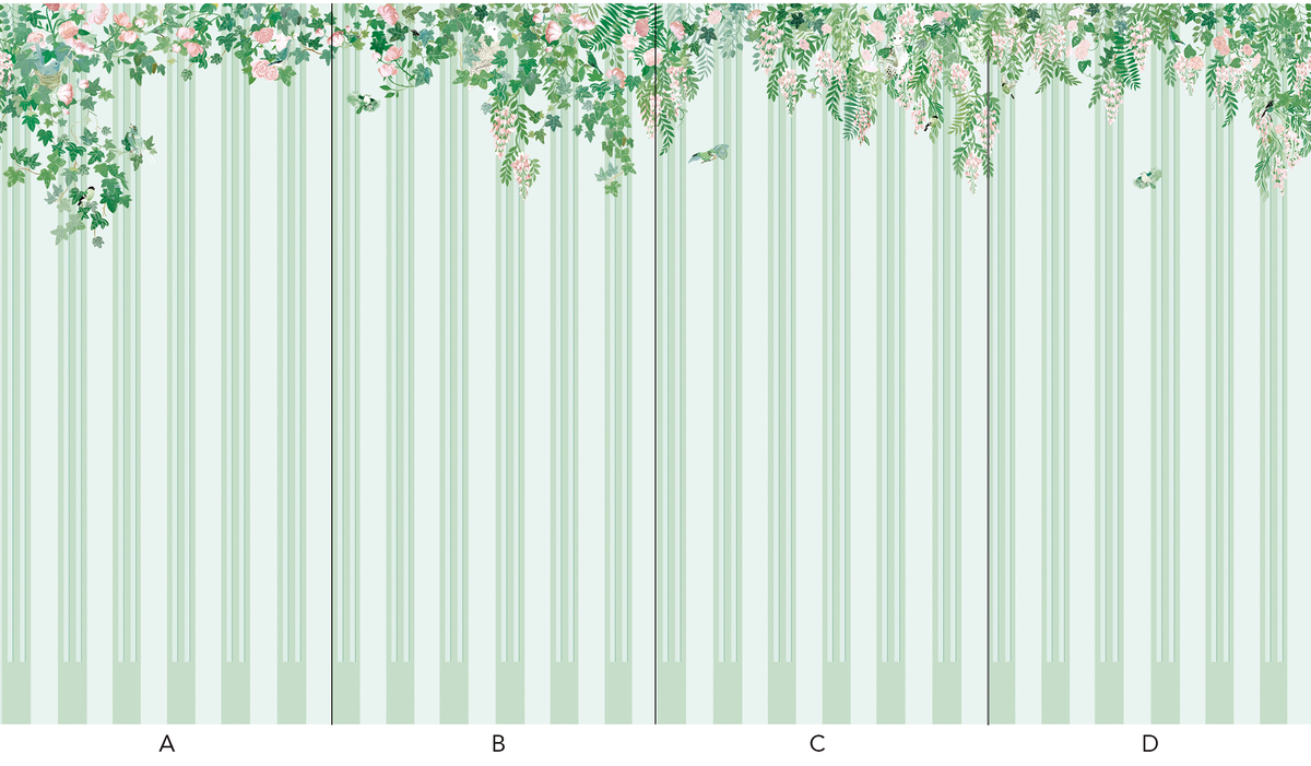 little cabari papier peint panoramique feuille trait fleur couleur vert rose
