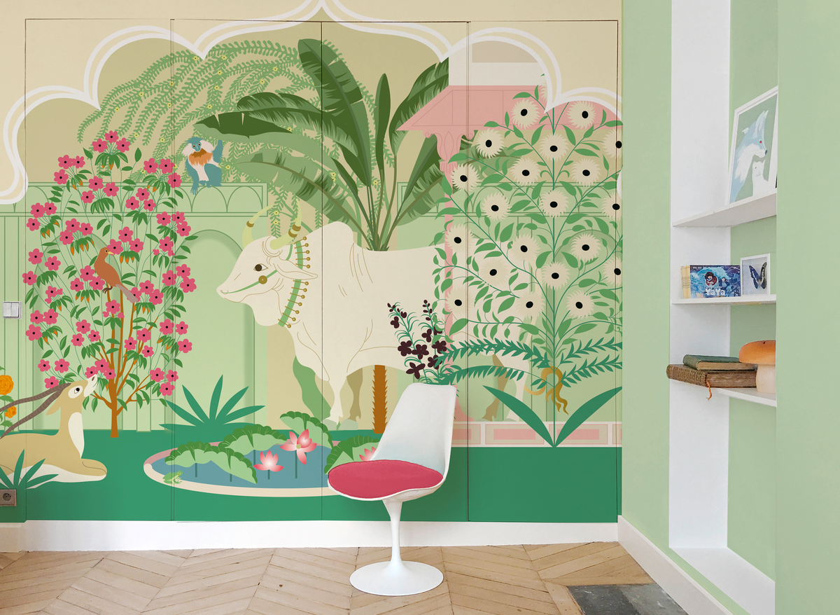 little cabari papier peint panoramique animal plante couleur vert beige rose