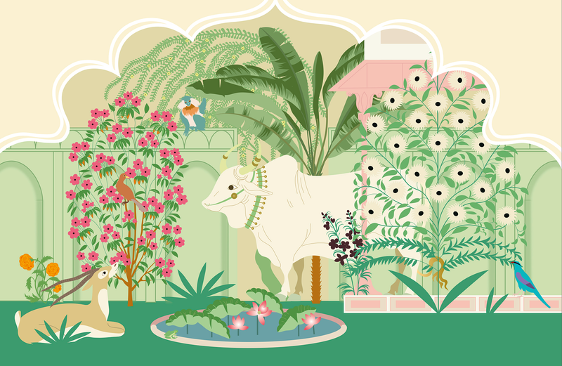little cabari papier peint panoramique animal plante couleur vert beige rose