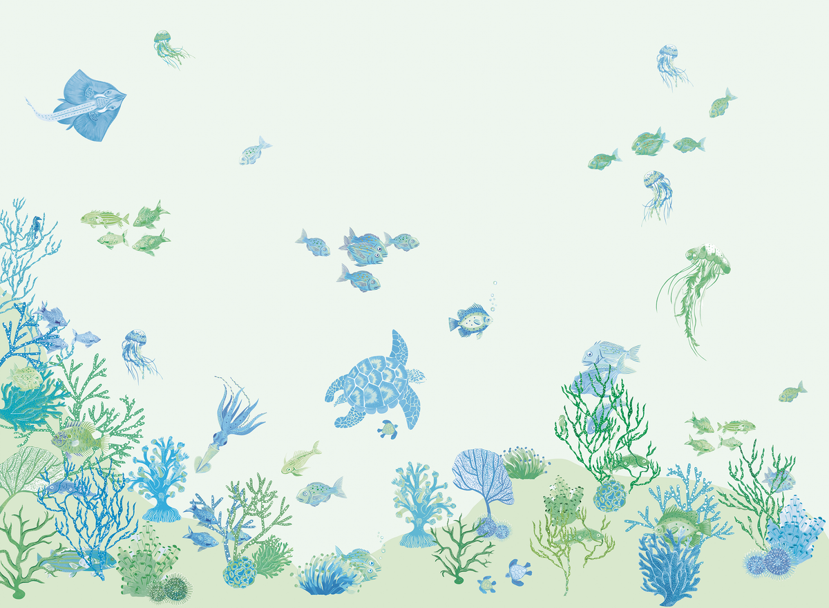 little cabari papier peint panoramique mer poisson couleur vert bleu