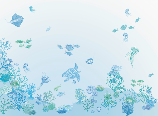 little cabari papier peint panoramique mer poisson couleur bleu
