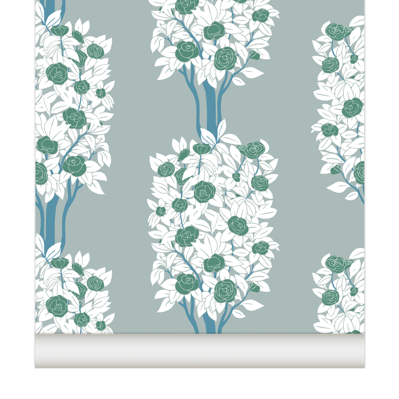 little cabari papier peint arbre fleur couleur vert bleu gris blanc