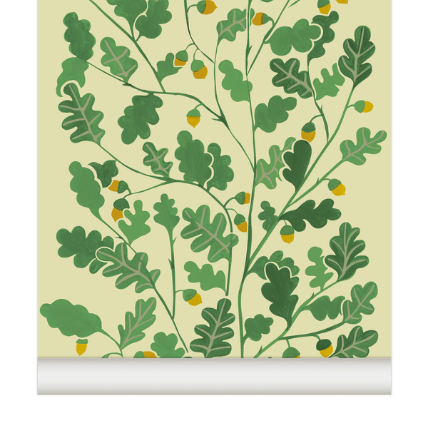 little cabari papier peint plante chêne couleur vert beige montarde