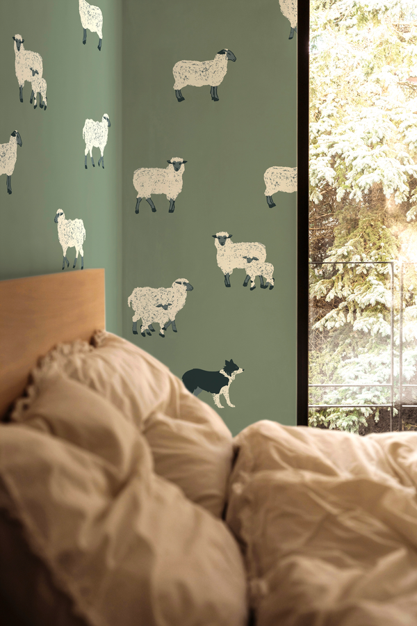 Papier peint Moutons coloris Vert de Gris