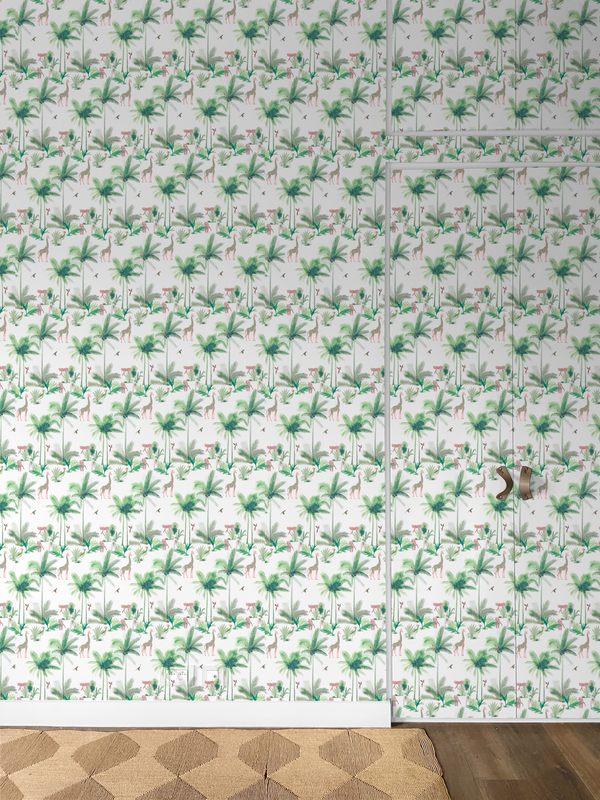 little cabari papier peint palmier animal couleur vert rose