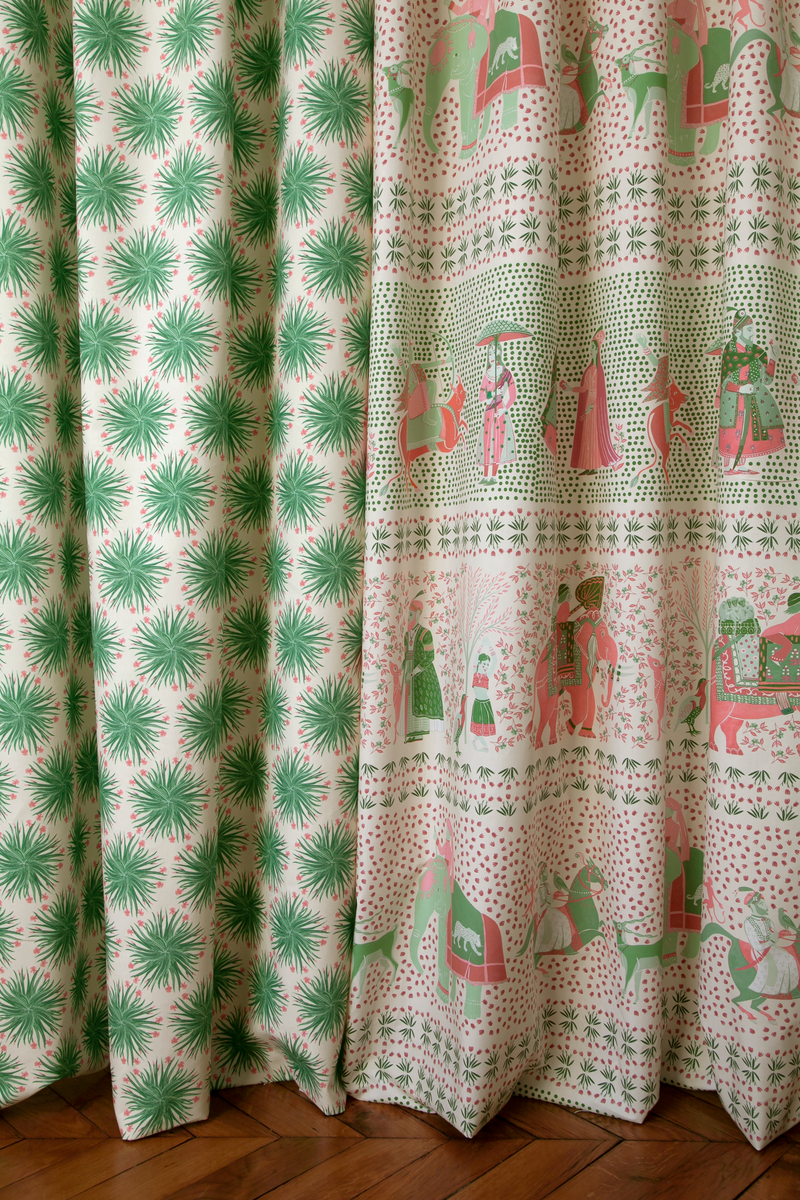 little cabari tissu ameublement animaux couleur rose vert indien