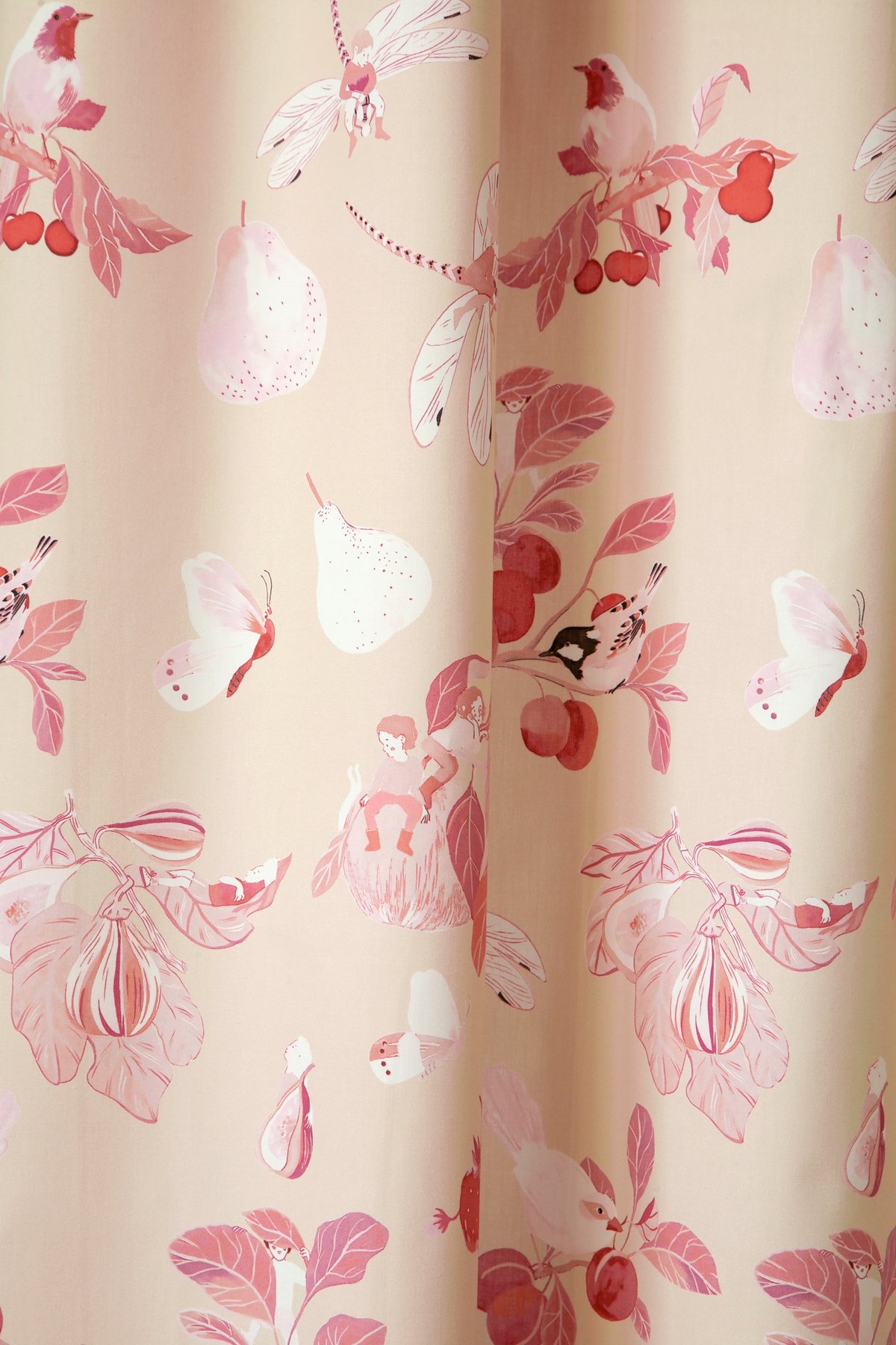 Little Cabari tissu d'ameublement rideau insecte fruit pomme enfant couleur blanc beige rouge